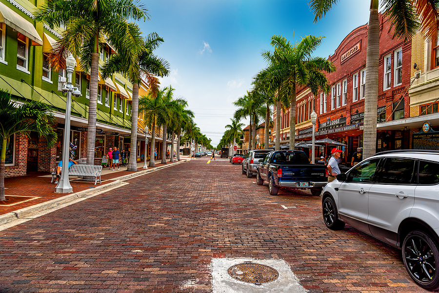 Florida, USA - February 25, 2019: Beautiful First street in old town Fort Myers